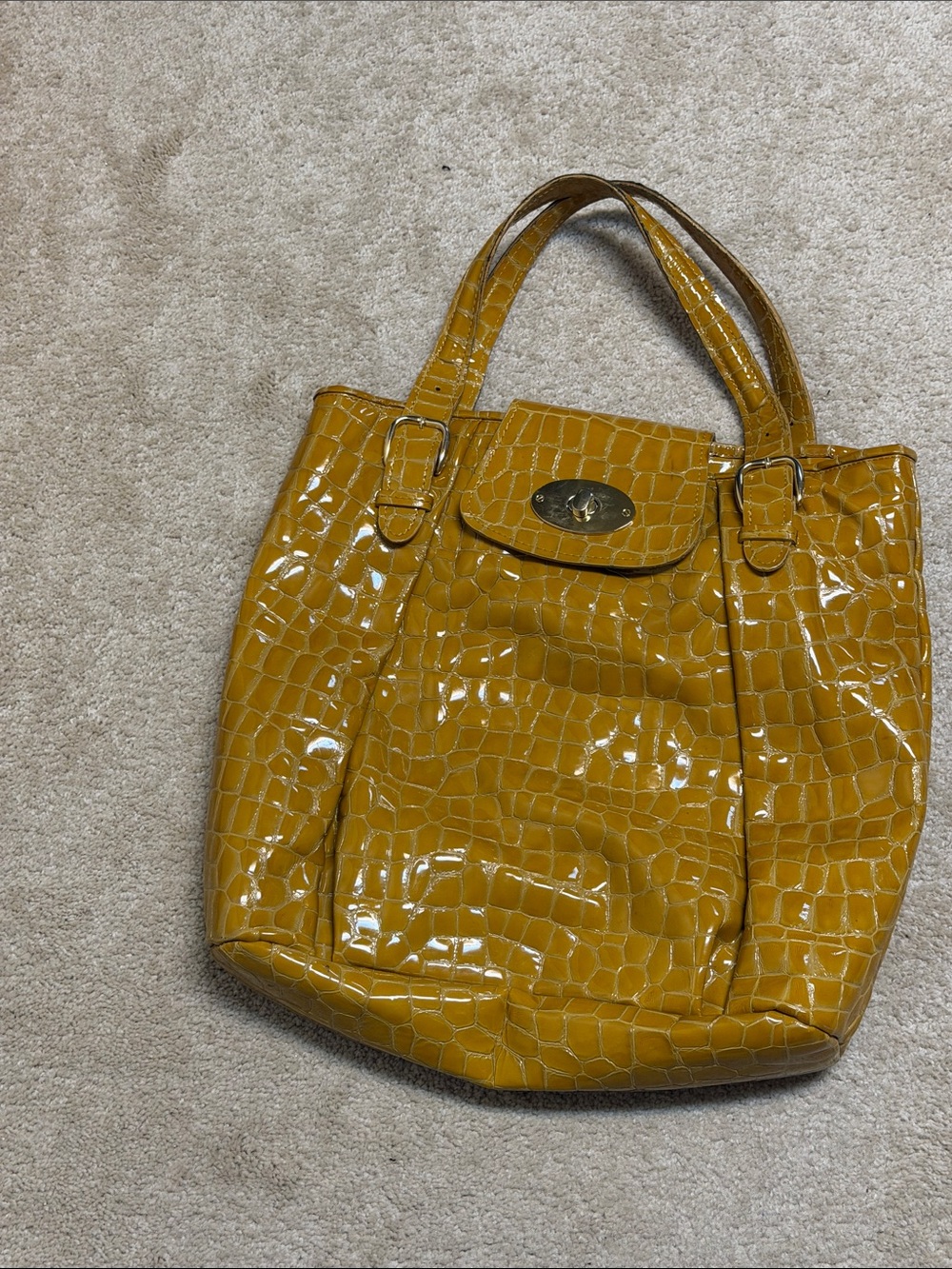 Glossy Croc-Embossed Tote in Mustard Yellow